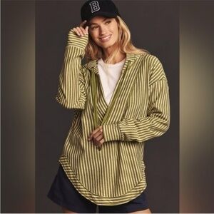 Anthropology Pilcro Wharfside Hooded Sweatshirt Green white stripes Sz S v-neck